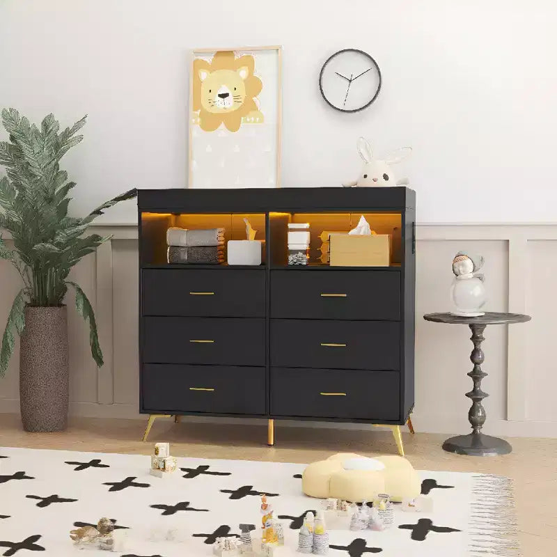 Storage cabinet with drawers, changing table dresser, power socket, with light and metal legs, suitable for living room, bedroom and baby room
