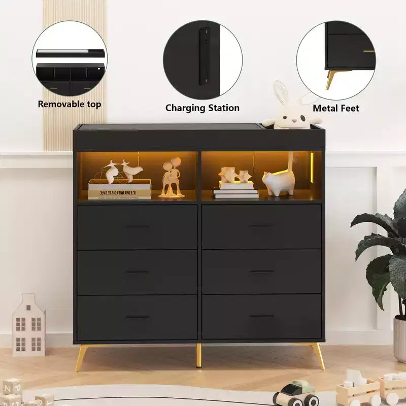 Storage cabinet with drawers, changing table dresser, power socket, with light and metal legs, suitable for living room, bedroom and baby room