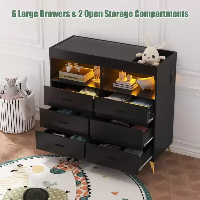 Storage cabinet with drawers, changing table dresser, power socket, with light and metal legs, suitable for living room, bedroom and baby room