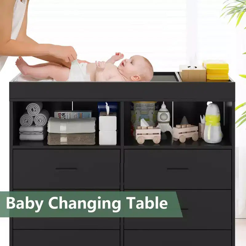 Storage cabinet with drawers, changing table dresser, power socket, with light and metal legs, suitable for living room, bedroom and baby room