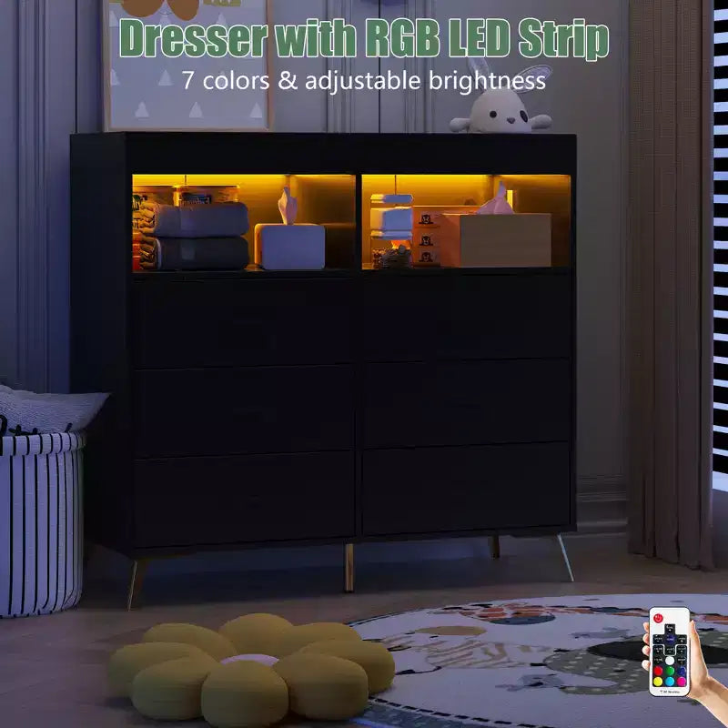 Storage cabinet with drawers, changing table dresser, power socket, with light and metal legs, suitable for living room, bedroom and baby room