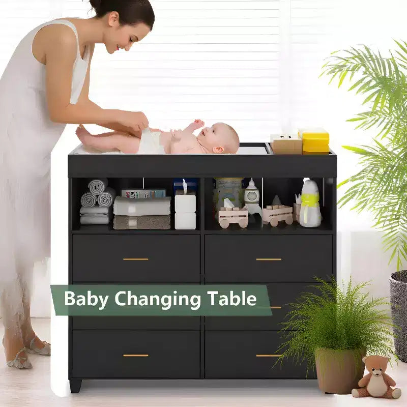 Storage cabinet with drawers, changing table dresser, power socket, with light and metal legs, suitable for living room, bedroom and baby room