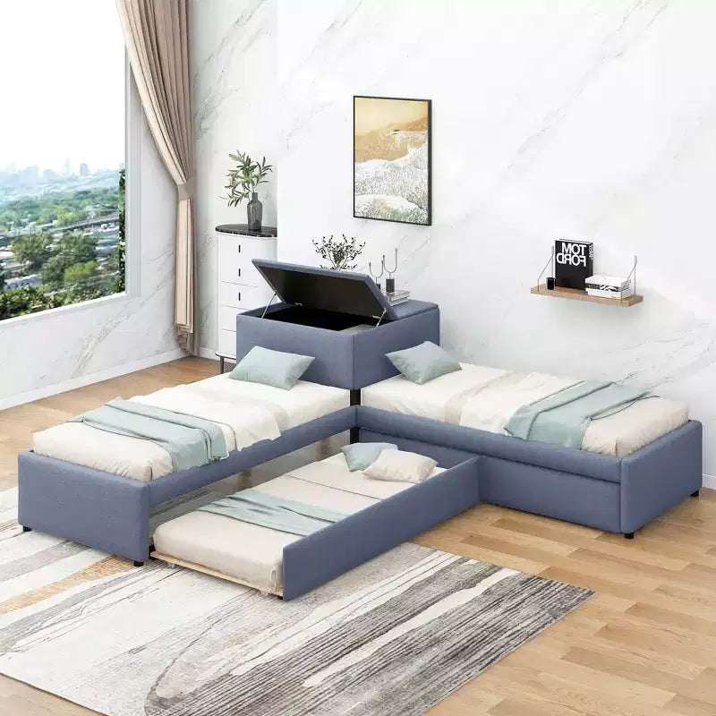 Twin Size L-Shaped Platform Bed, Wooden Bed Frame with Trundle and 2 Drawers and Built-in Table for Bedroom, Gray