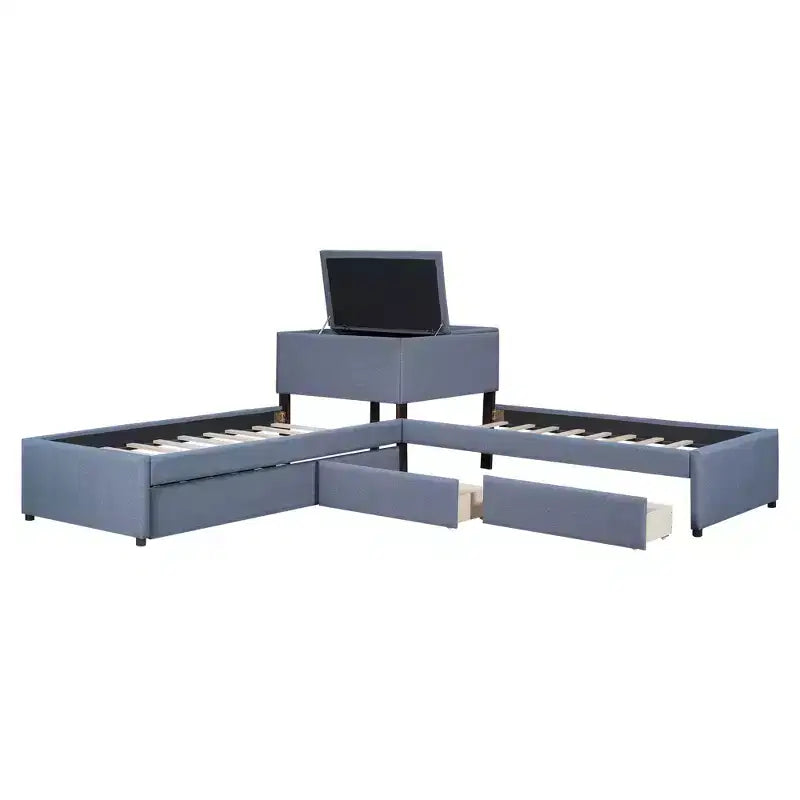 Twin Size L-Shaped Platform Bed, Wooden Bed Frame with Trundle and 2 Drawers and Built-in Table for Bedroom, Gray