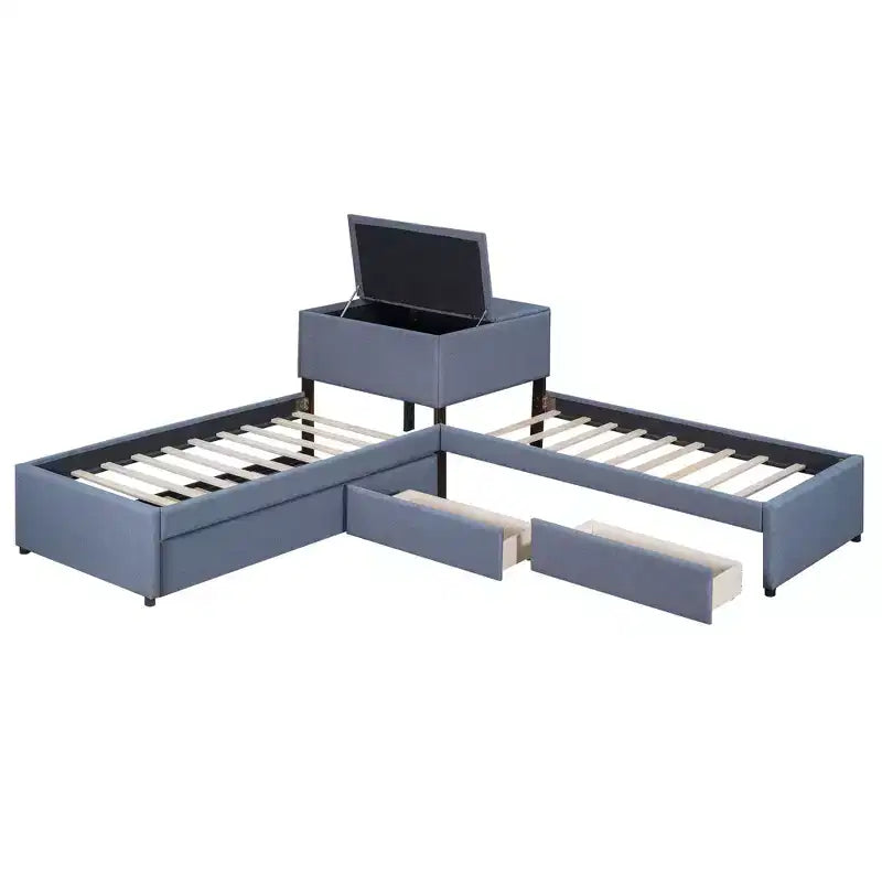 Twin Size L-Shaped Platform Bed, Wooden Bed Frame with Trundle and 2 Drawers and Built-in Table for Bedroom, Gray