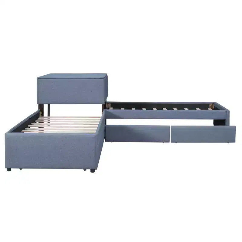 Twin Size L-Shaped Platform Bed, Wooden Bed Frame with Trundle and 2 Drawers and Built-in Table for Bedroom, Gray