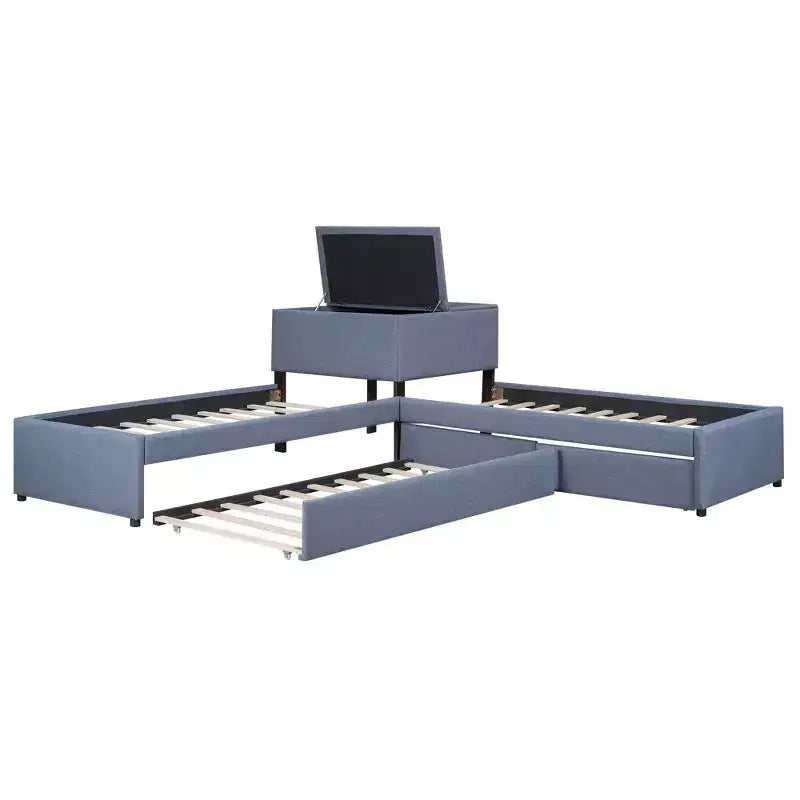 Twin Size L-Shaped Platform Bed, Wooden Bed Frame with Trundle and 2 Drawers and Built-in Table for Bedroom, Gray