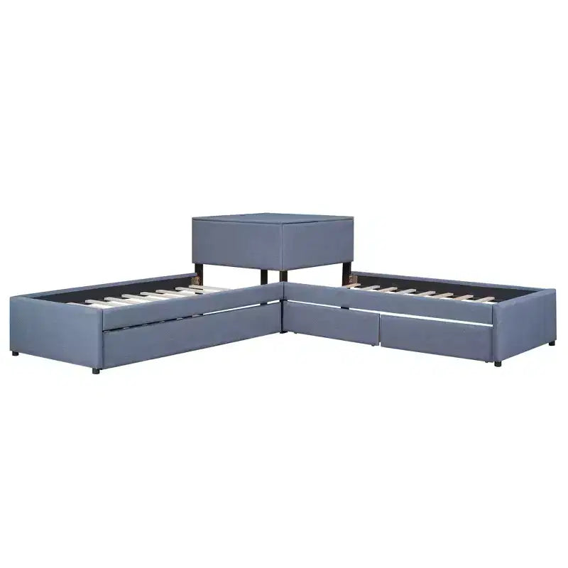 Twin Size L-Shaped Platform Bed, Wooden Bed Frame with Trundle and 2 Drawers and Built-in Table for Bedroom, Gray