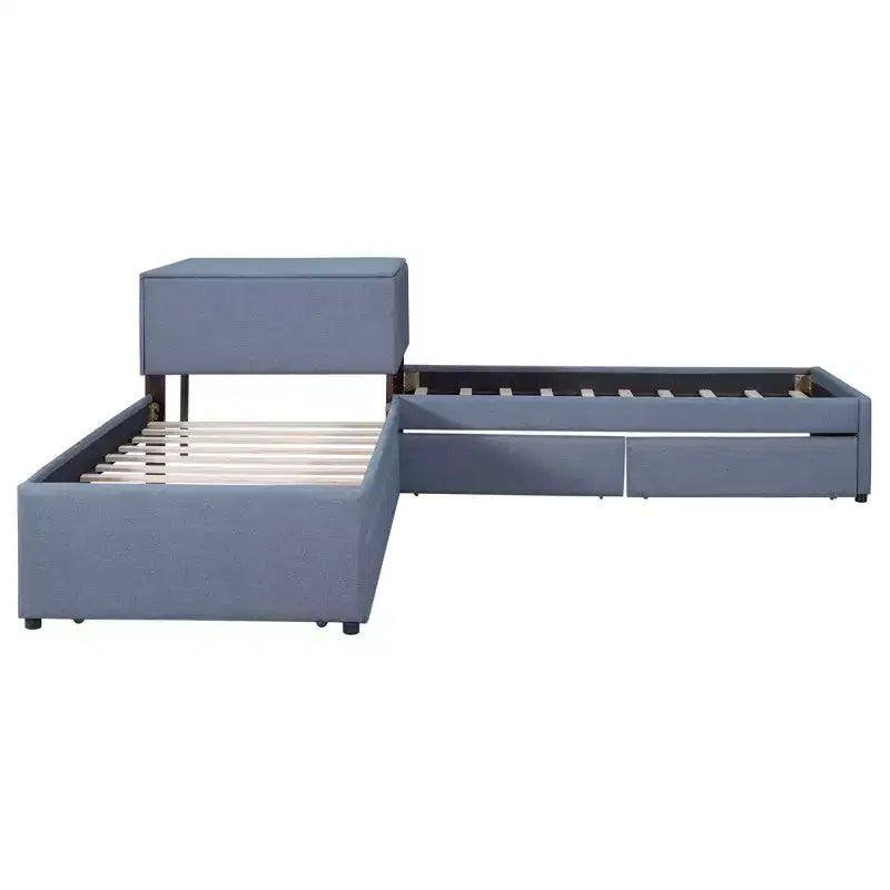 Twin Size L-Shaped Platform Bed, Wooden Bed Frame with Trundle and 2 Drawers and Built-in Table for Bedroom, Gray