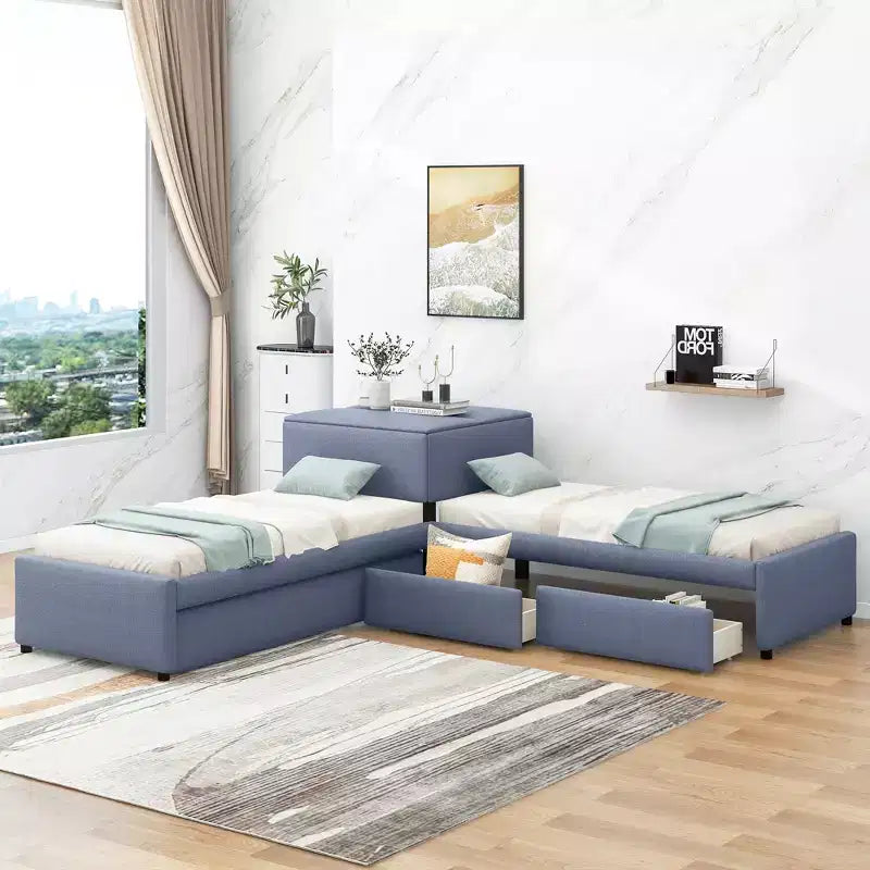 Twin Size L-Shaped Platform Bed, Wooden Bed Frame with Trundle and 2 Drawers and Built-in Table for Bedroom, Gray