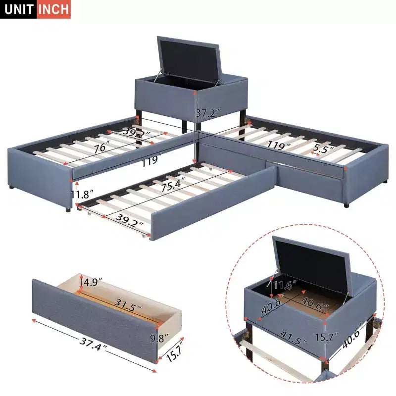 Twin Size L-Shaped Platform Bed, Wooden Bed Frame with Trundle and 2 Drawers and Built-in Table for Bedroom, Gray