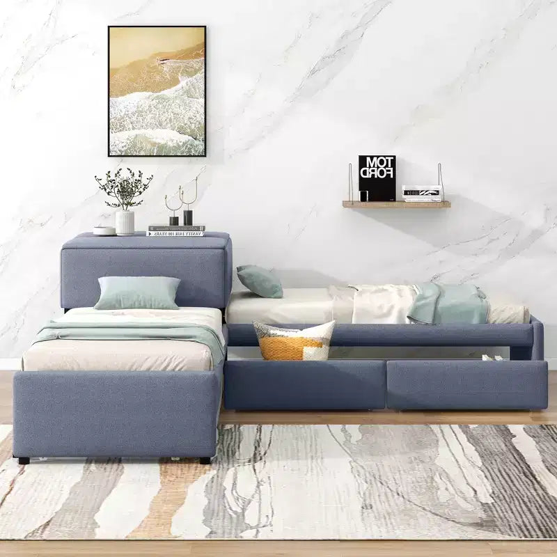 Twin Size L-Shaped Platform Bed, Wooden Bed Frame with Trundle and 2 Drawers and Built-in Table for Bedroom, Gray