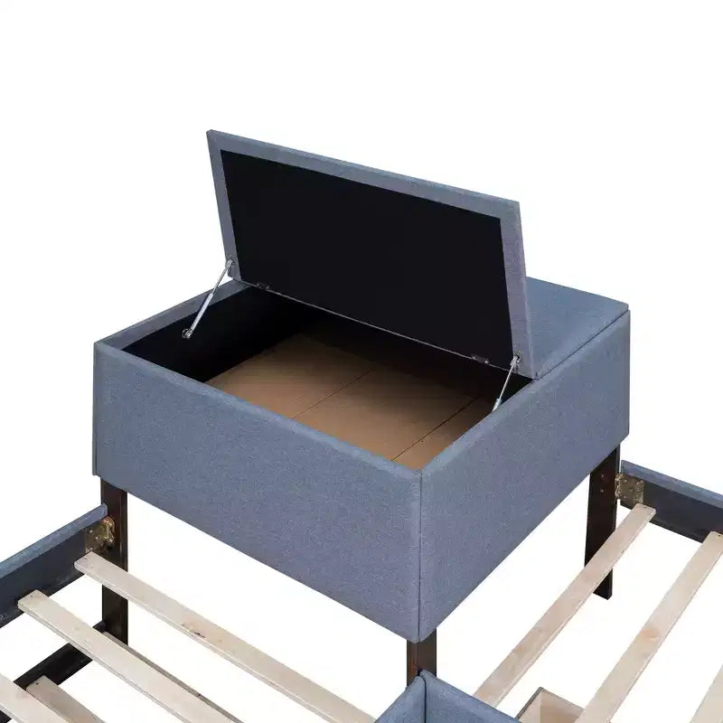 Twin Size L-Shaped Platform Bed, Wooden Bed Frame with Trundle and 2 Drawers and Built-in Table for Bedroom, Gray