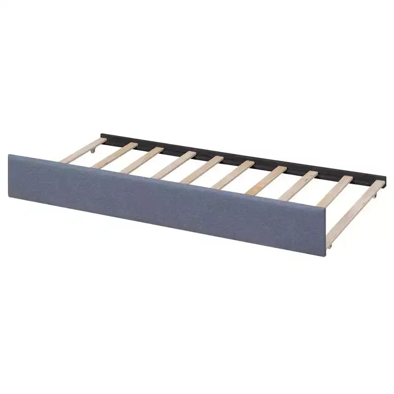 Twin Size L-Shaped Platform Bed, Wooden Bed Frame with Trundle and 2 Drawers and Built-in Table for Bedroom, Gray