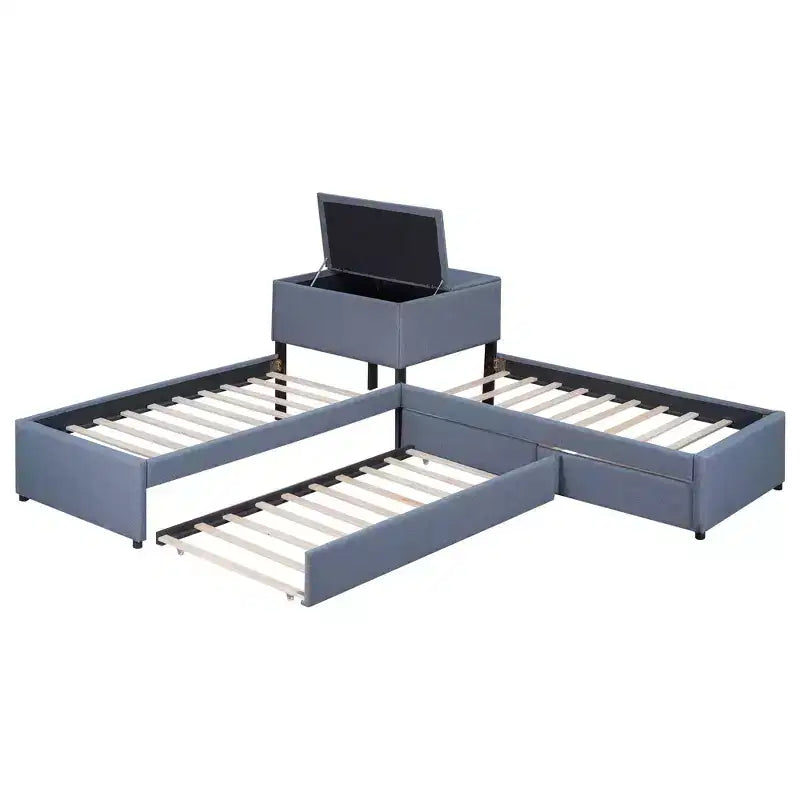 Twin Size L-Shaped Platform Bed, Wooden Bed Frame with Trundle and 2 Drawers and Built-in Table for Bedroom, Gray