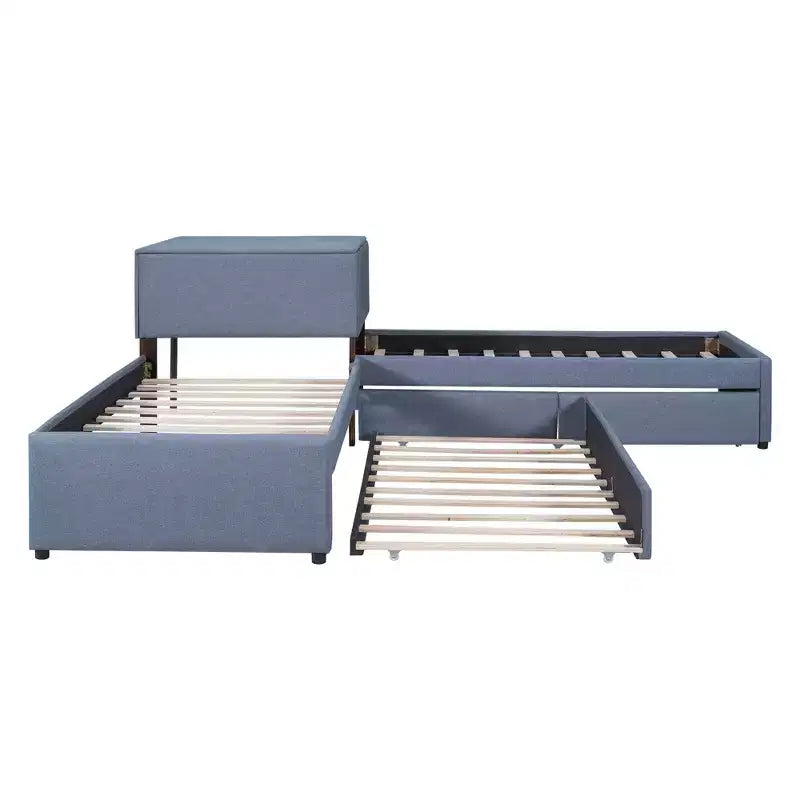 Twin Size L-Shaped Platform Bed, Wooden Bed Frame with Trundle and 2 Drawers and Built-in Table for Bedroom, Gray