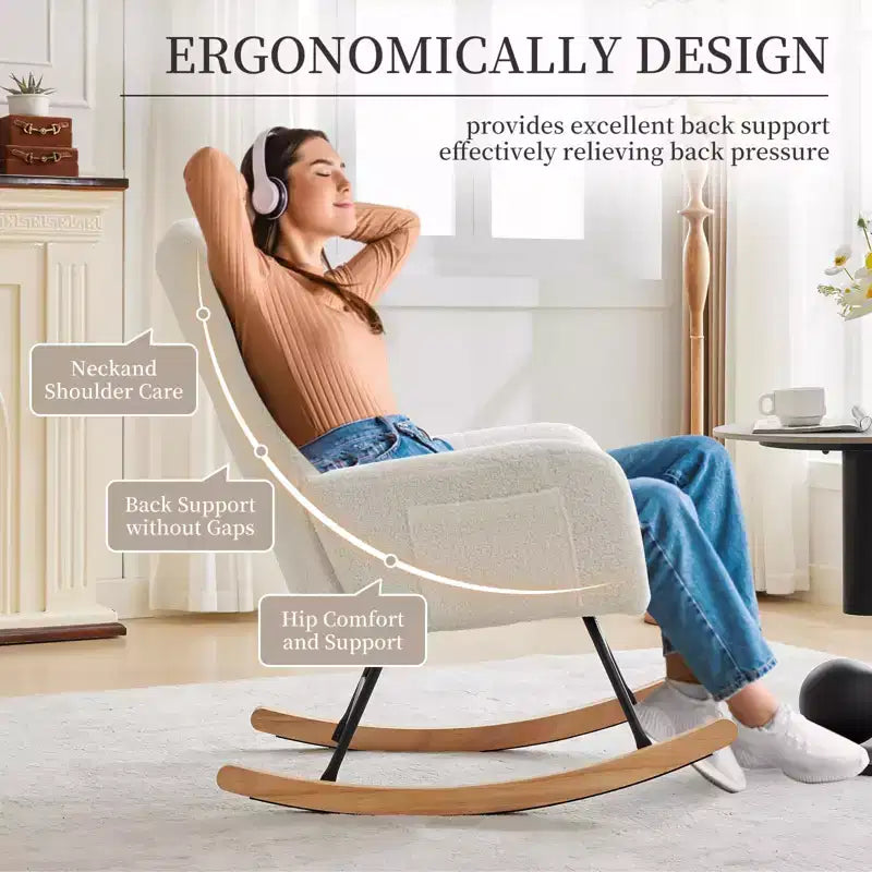 Rocking Chair Nursery, Teddy Upholstered Glider Rocker with High Backrest, Reading Chair Modern Rocking Accent Chairs with Side Pockets, White