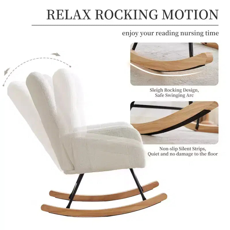 Rocking Chair Nursery, Teddy Upholstered Glider Rocker with High Backrest, Reading Chair Modern Rocking Accent Chairs with Side Pockets, White