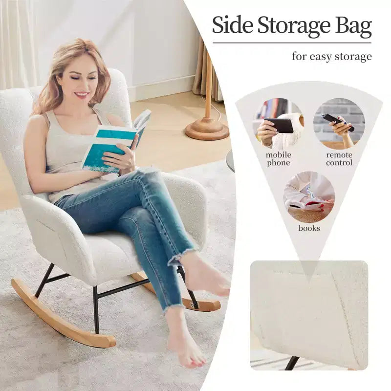 Rocking Chair Nursery, Teddy Upholstered Glider Rocker with High Backrest, Reading Chair Modern Rocking Accent Chairs with Side Pockets, White