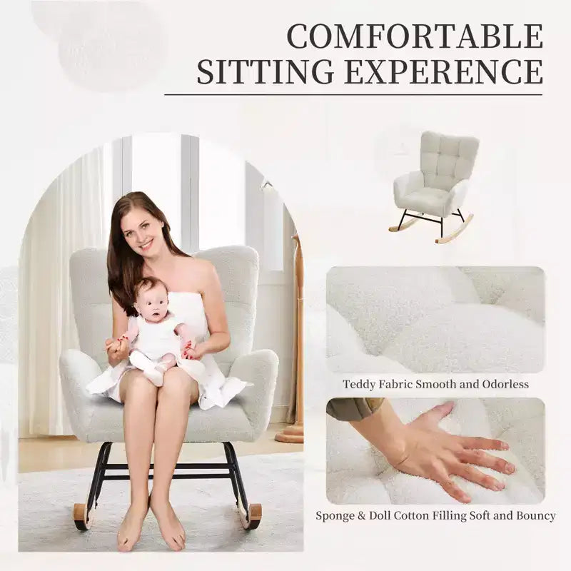 Rocking Chair Nursery, Teddy Upholstered Glider Rocker with High Backrest, Reading Chair Modern Rocking Accent Chairs with Side Pockets, White