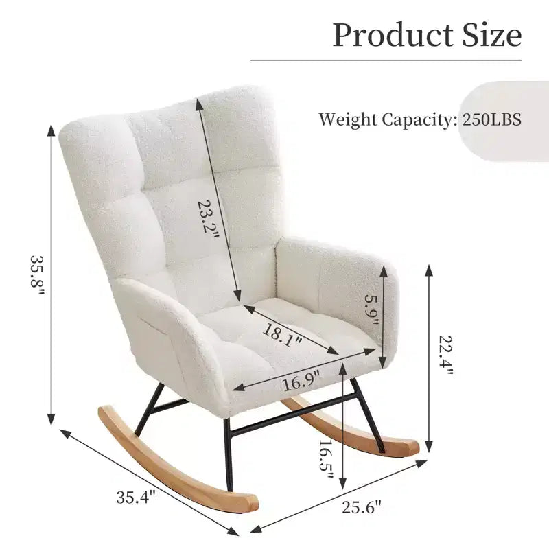 Rocking Chair Nursery, Teddy Upholstered Glider Rocker with High Backrest, Reading Chair Modern Rocking Accent Chairs with Side Pockets, White