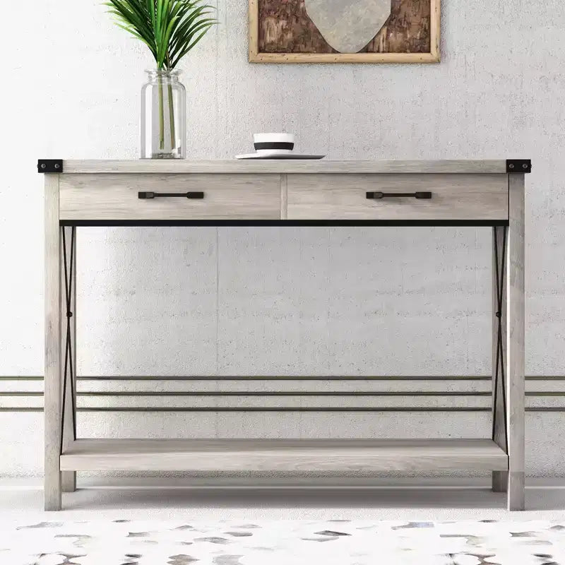 Farmhouse Console Table  2-Tier with Drawers for Hallway/Living Room, MDF & Wood Legs