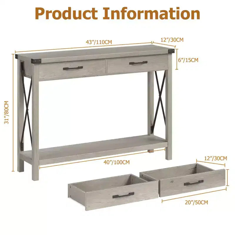 Farmhouse Console Table  2-Tier with Drawers for Hallway/Living Room, MDF & Wood Legs
