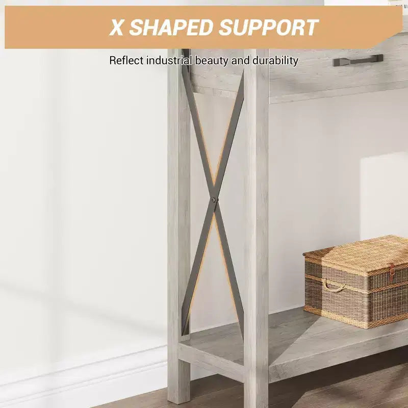 Farmhouse Console Table  2-Tier with Drawers for Hallway/Living Room, MDF & Wood Legs
