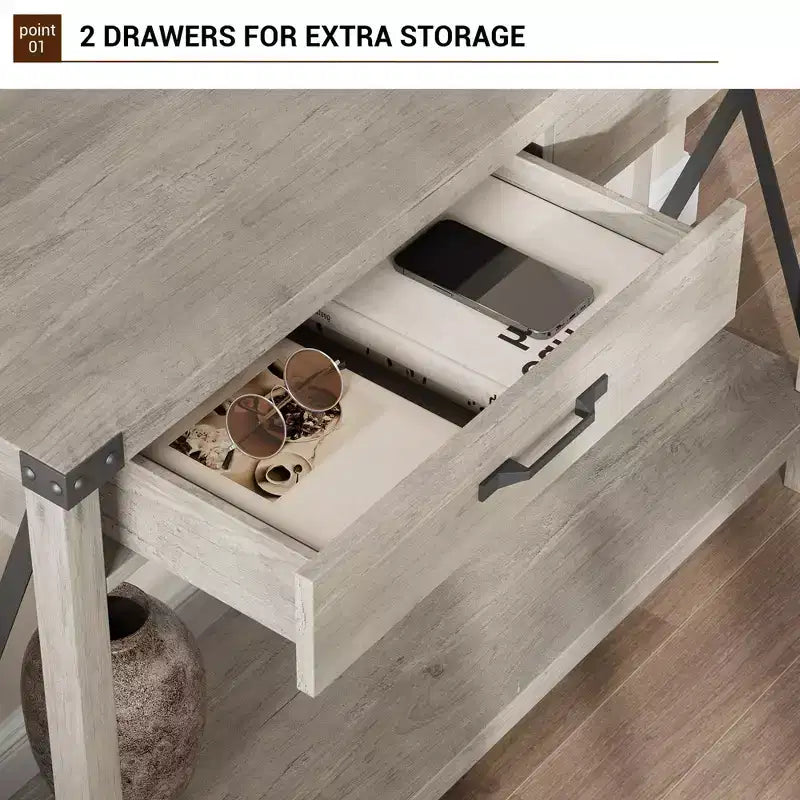 Farmhouse Console Table  2-Tier with Drawers for Hallway/Living Room, MDF & Wood Legs