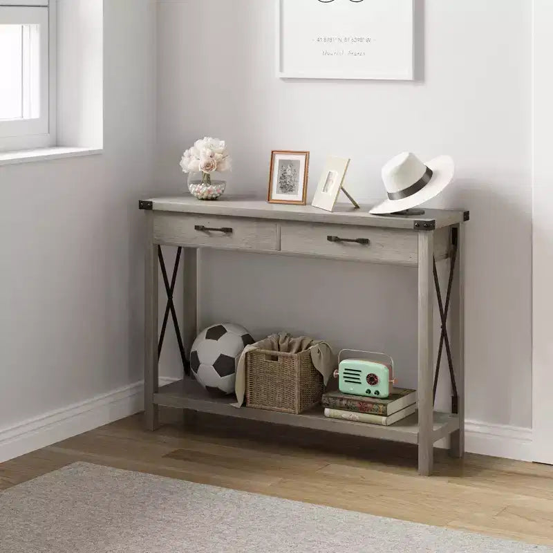 Farmhouse Console Table  2-Tier with Drawers for Hallway/Living Room, MDF & Wood Legs