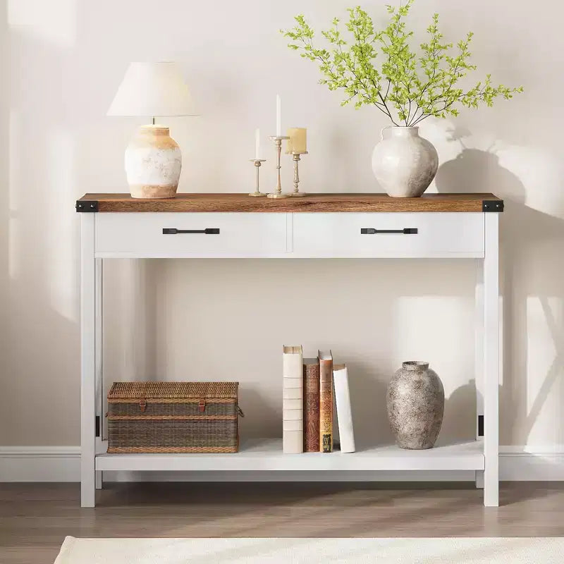 Farmhouse Console Table  2-Tier with Drawers for Hallway/Living Room, MDF & Wood Legs