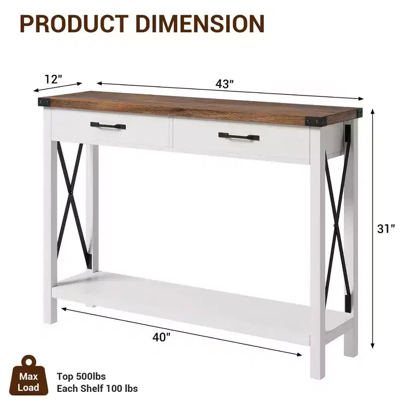 Farmhouse Console Table  2-Tier with Drawers for Hallway/Living Room, MDF & Wood Legs