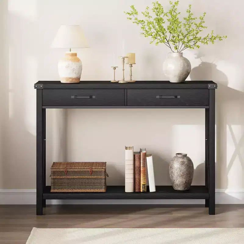 Farmhouse Console Table  2-Tier with Drawers for Hallway/Living Room, MDF & Wood Legs