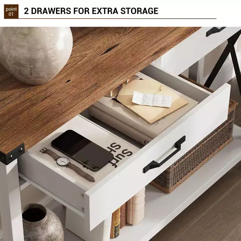 Farmhouse Console Table  2-Tier with Drawers for Hallway/Living Room, MDF & Wood Legs