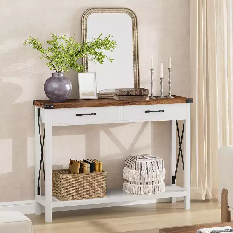 Farmhouse Console Table  2-Tier with Drawers for Hallway/Living Room, MDF & Wood Legs