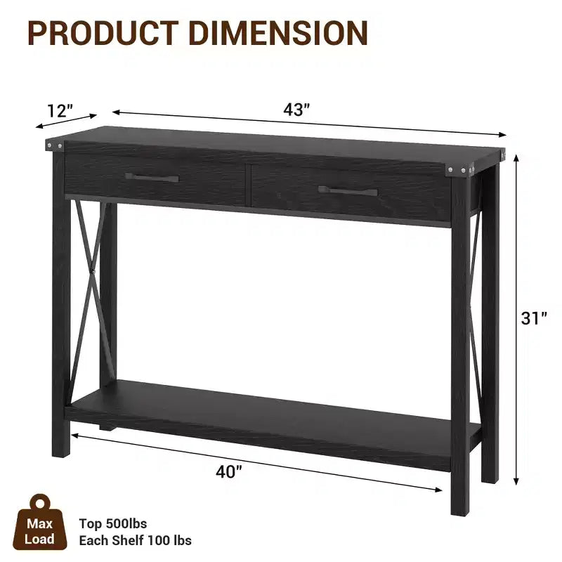 Farmhouse Console Table  2-Tier with Drawers for Hallway/Living Room, MDF & Wood Legs