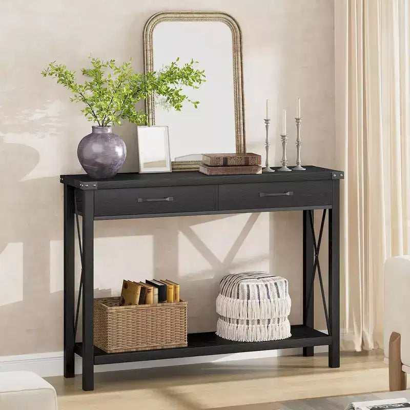 Farmhouse Console Table  2-Tier with Drawers for Hallway/Living Room, MDF & Wood Legs