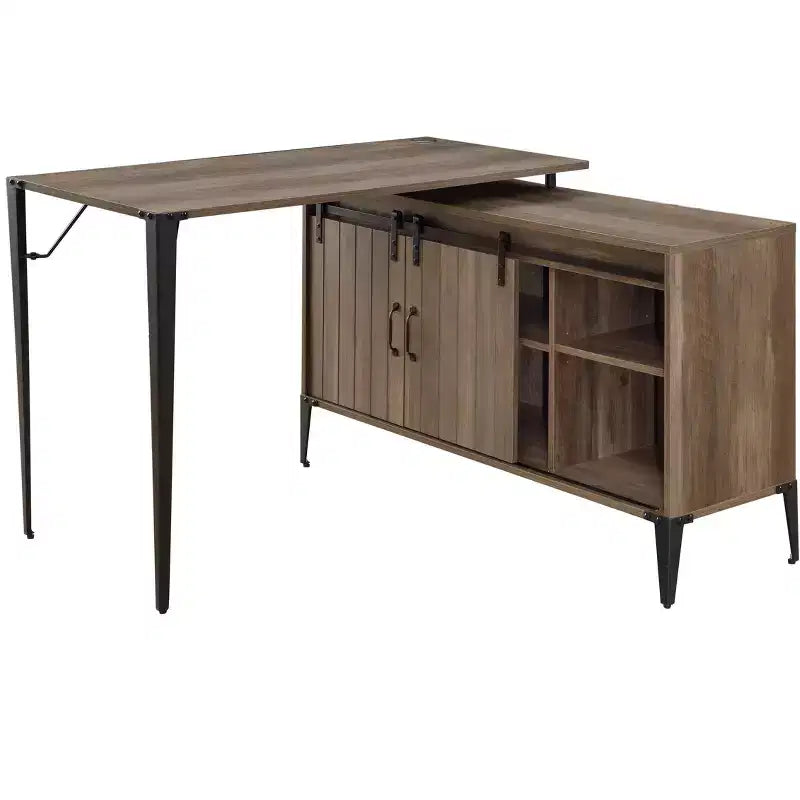 Okak 48IN Farmhouse L-Shaped Desk with Metal Legs, Corner Desk with 2 Storage Cabinet and 2 Shelves, Computer Desk for Living Room, Study