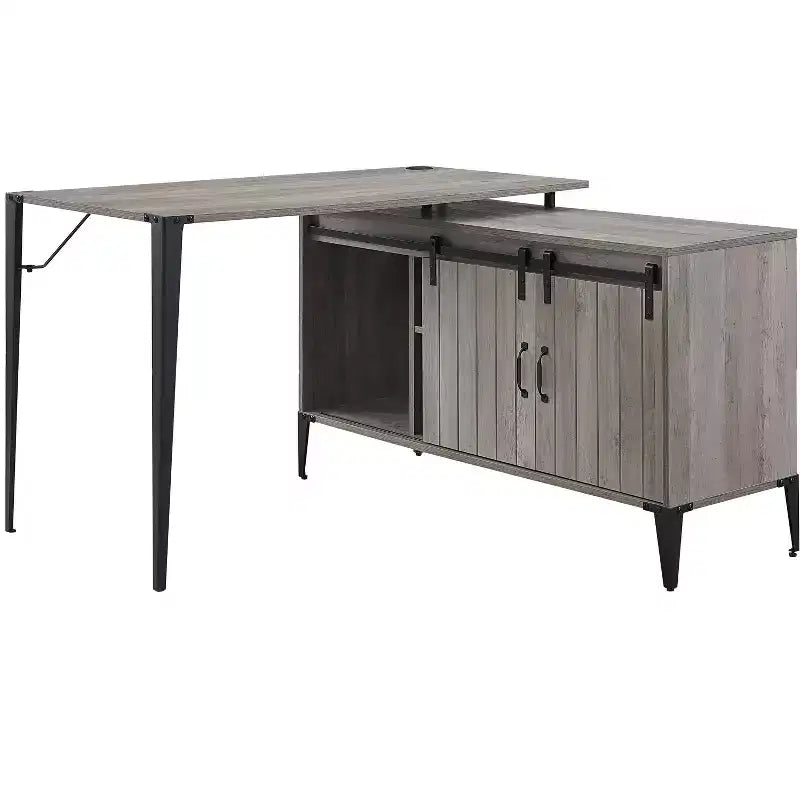 Okak 48IN Farmhouse L-Shaped Desk with Metal Legs, Corner Desk with 2 Storage Cabinet and 2 Shelves, Computer Desk for Living Room, Study