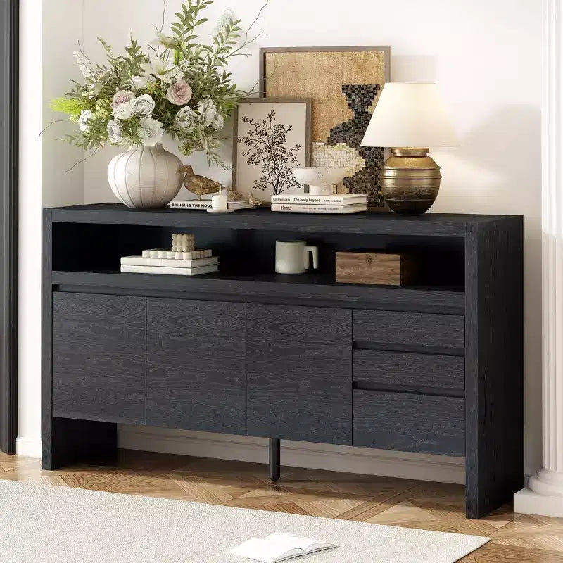 60 Accent Storage Cabinet Sideboard with 3 Drawers, Big Open Shelf & 3 Doors, Buffet Cabinet Entryway Console Table TV Stand for Living Room Kitchen