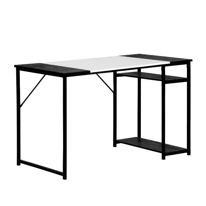 FurnitureR 47.2 Study Writing Desk with Storage Shelves, Computer Desk with Metal Frame, Space-Saving Workstation Table for Home Office, Black/White