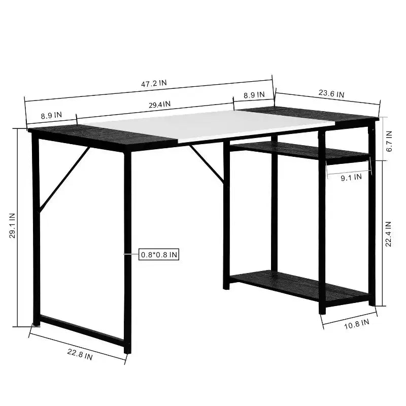 FurnitureR 47.2 Study Writing Desk with Storage Shelves, Computer Desk with Metal Frame, Space-Saving Workstation Table for Home Office, Black/White