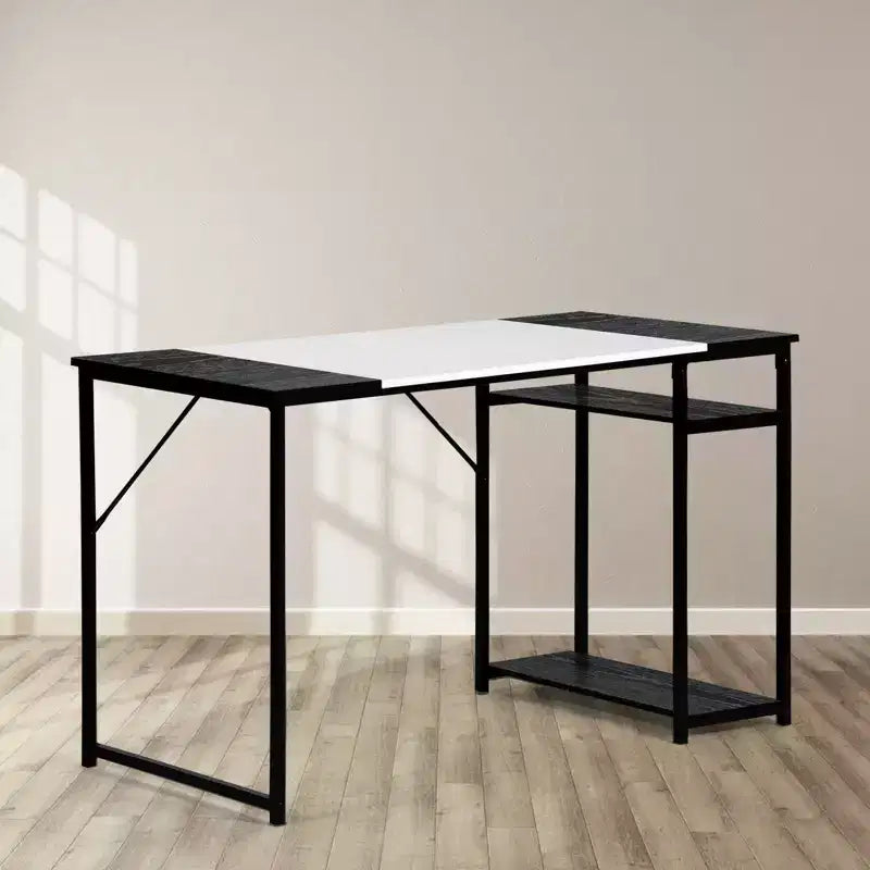 FurnitureR 47.2 Study Writing Desk with Storage Shelves, Computer Desk with Metal Frame, Space-Saving Workstation Table for Home Office, Black/White
