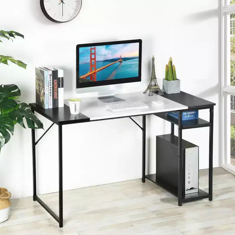 FurnitureR 47.2 Study Writing Desk with Storage Shelves, Computer Desk with Metal Frame, Space-Saving Workstation Table for Home Office, Black/White