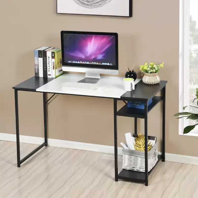 FurnitureR 47.2 Study Writing Desk with Storage Shelves, Computer Desk with Metal Frame, Space-Saving Workstation Table for Home Office, Black/White