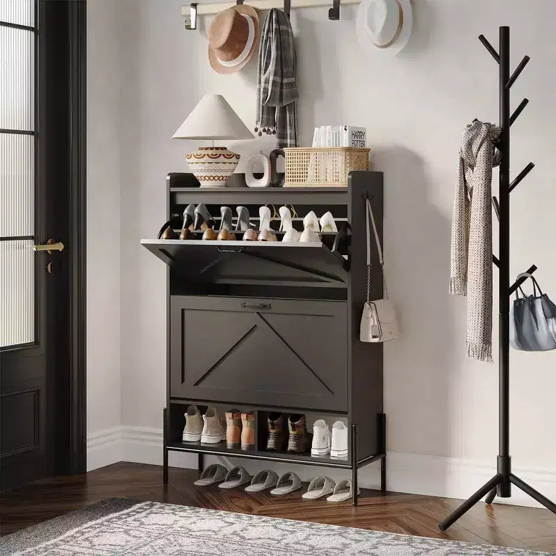 Shoe Cabinet with 2 Flip Drawers, Wooden Narrow Shoe Organizer, Freestanding Hidden Shoe Rack Cabinet with Metal Legs for Entryway Living Room