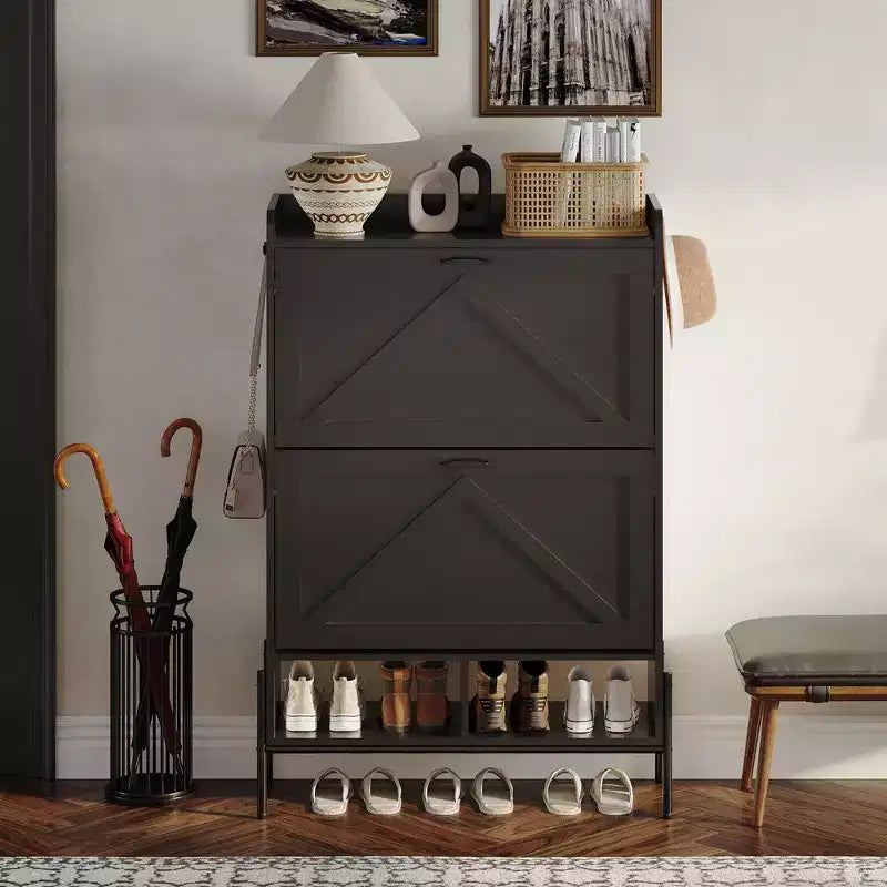 Shoe Cabinet with 2 Flip Drawers, Wooden Narrow Shoe Organizer, Freestanding Hidden Shoe Rack Cabinet with Metal Legs for Entryway Living Room