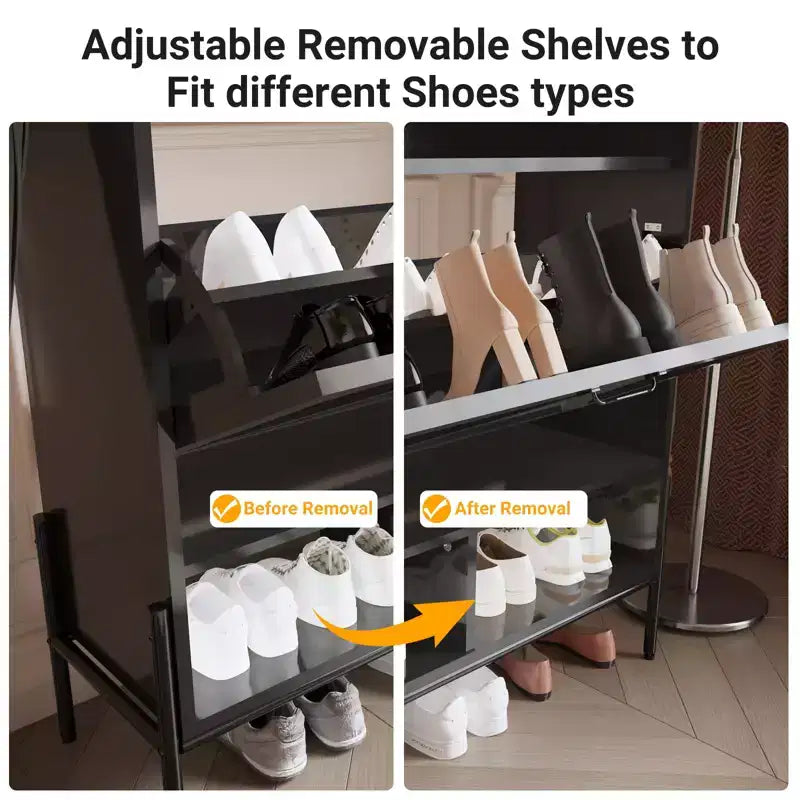 Shoe Cabinet with 2 Flip Drawers, Wooden Narrow Shoe Organizer, Freestanding Hidden Shoe Rack Cabinet with Metal Legs for Entryway Living Room