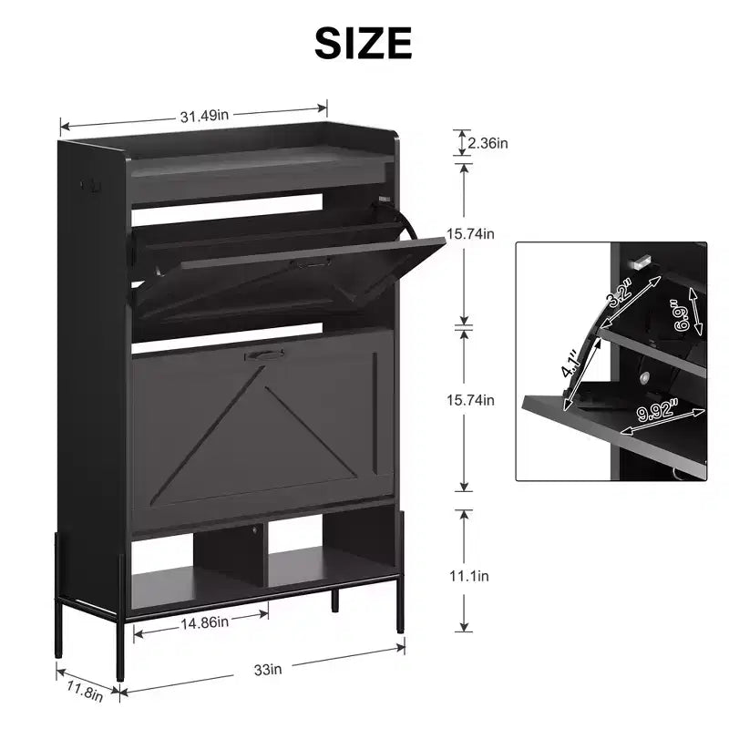 Shoe Cabinet with 2 Flip Drawers, Wooden Narrow Shoe Organizer, Freestanding Hidden Shoe Rack Cabinet with Metal Legs for Entryway Living Room