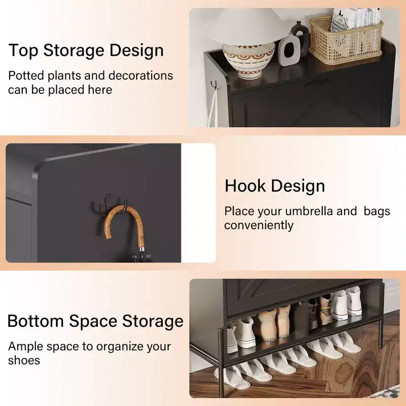 Shoe Cabinet with 2 Flip Drawers, Wooden Narrow Shoe Organizer, Freestanding Hidden Shoe Rack Cabinet with Metal Legs for Entryway Living Room